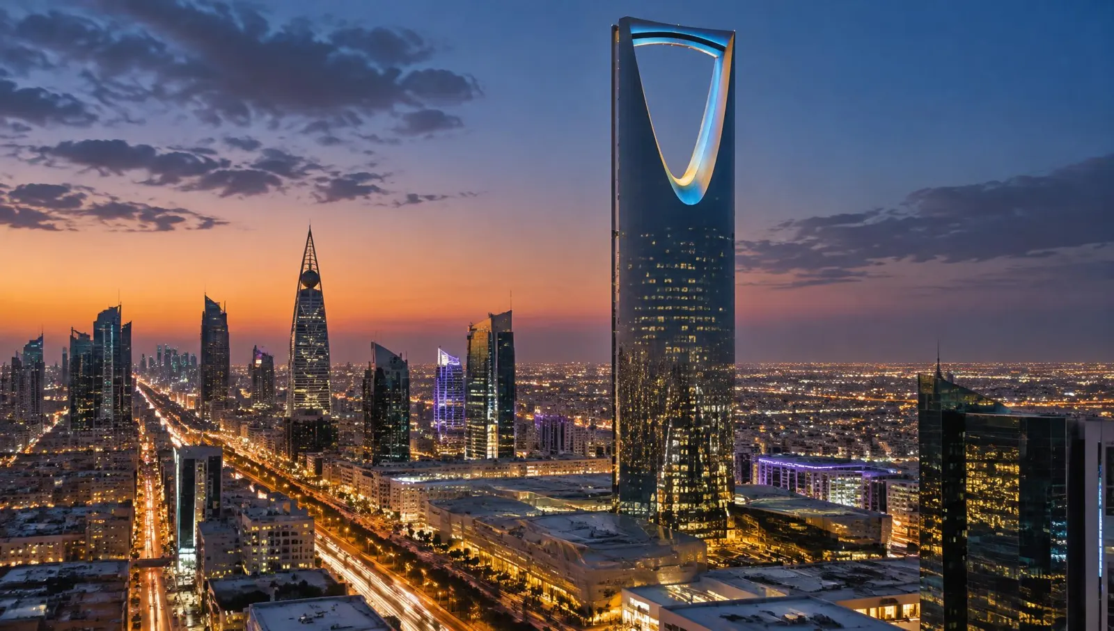 Riyadh i Saudi-Arabia med moderne skyline og Kingdom Centre