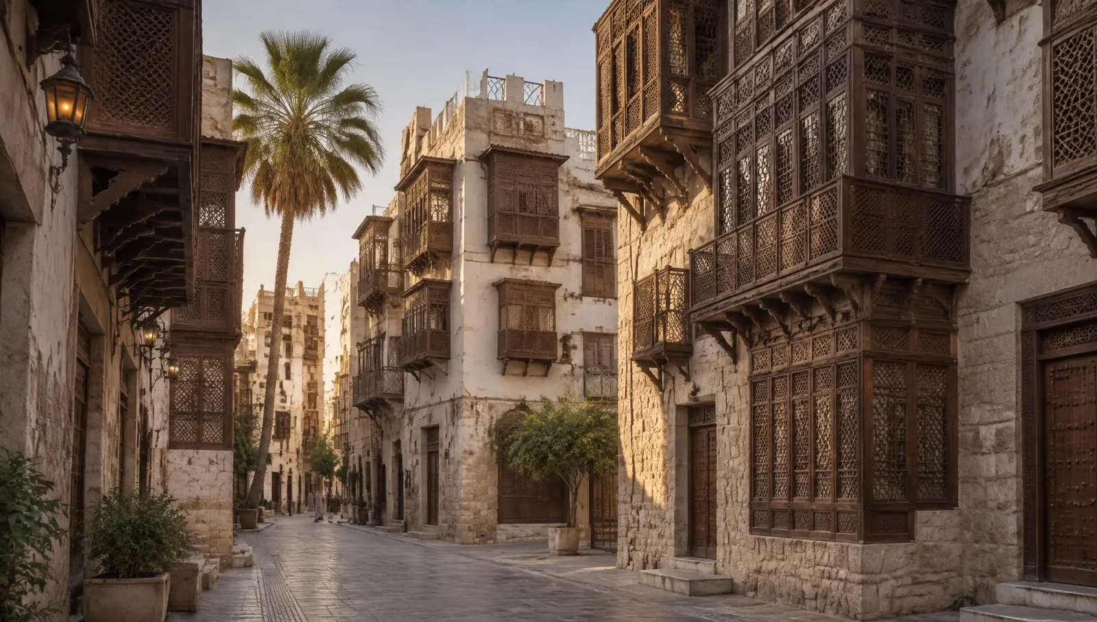 Historiske Al-Balad i Jeddah med tradisjonelle roshan-vinduer