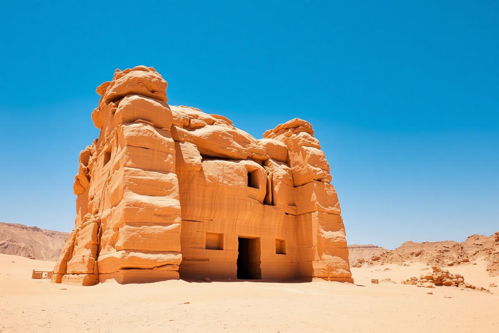 Nabateisk gravkammer hugget i sandstein i Hegra ved AlUla i Saudi-Arabia