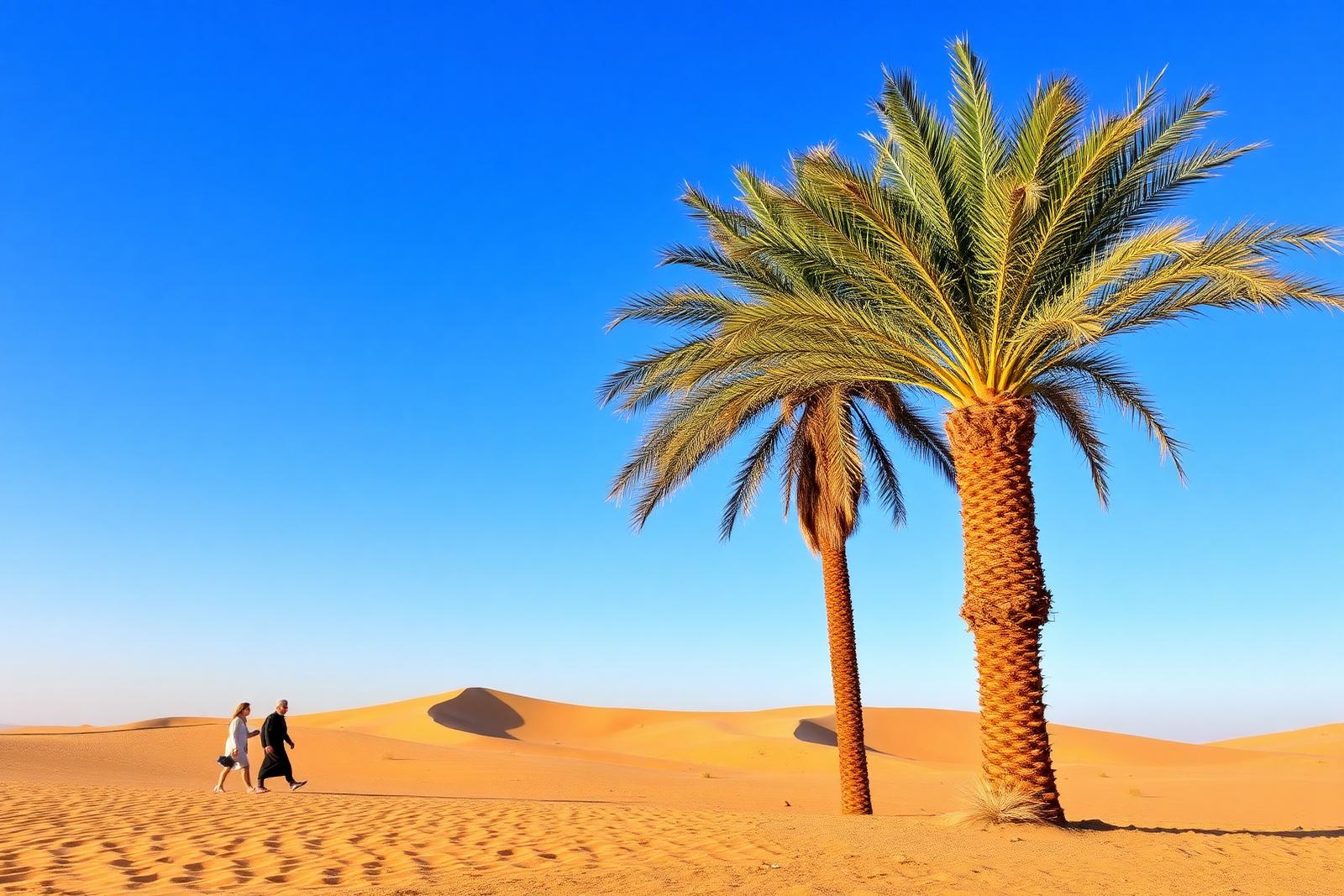Palmer og sanddyner i ørkenen i Saudi-Arabia under klar vinterhimmel