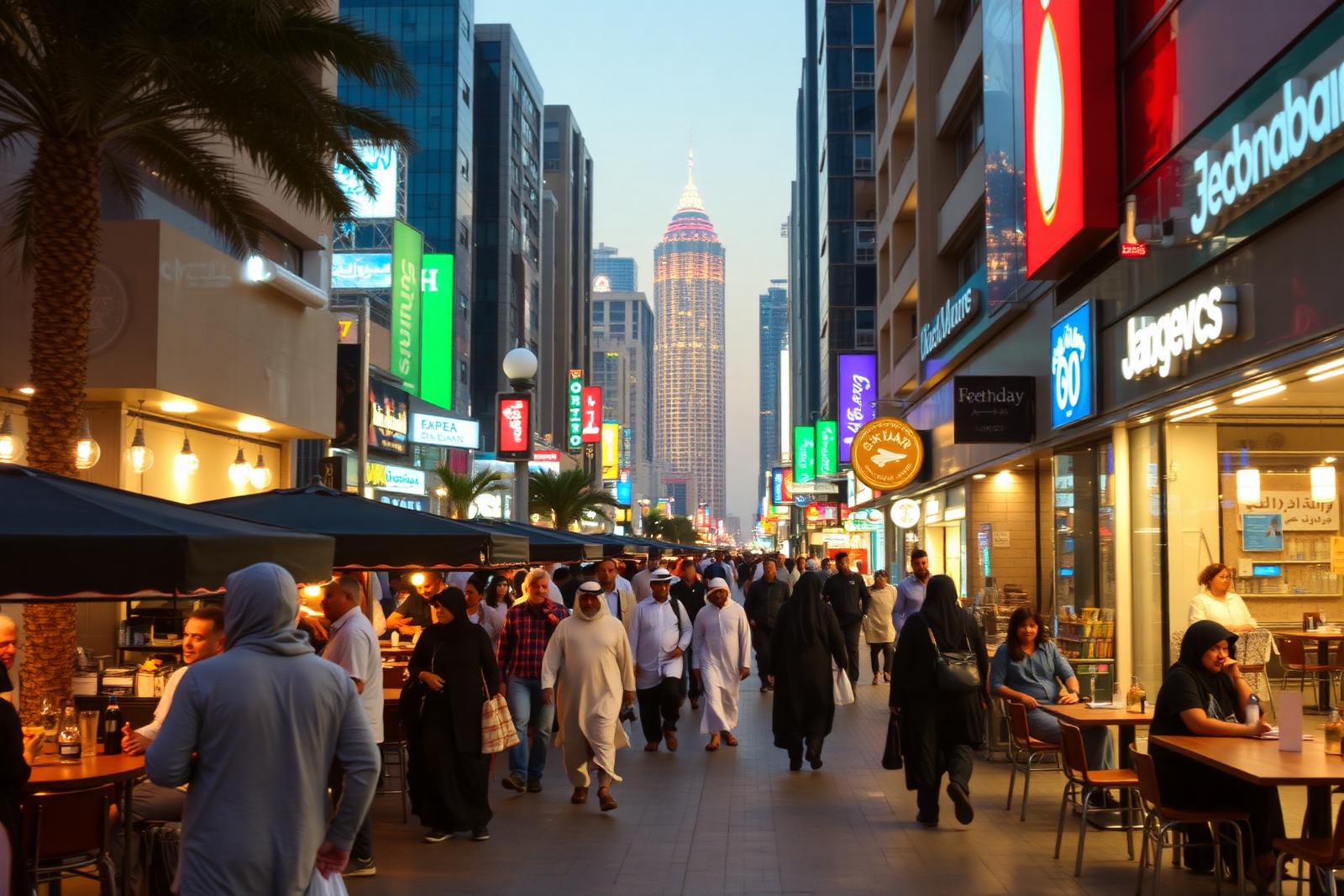 Folkeliv i en gate i Riyadh i Saudi-Arabia på kveldstid